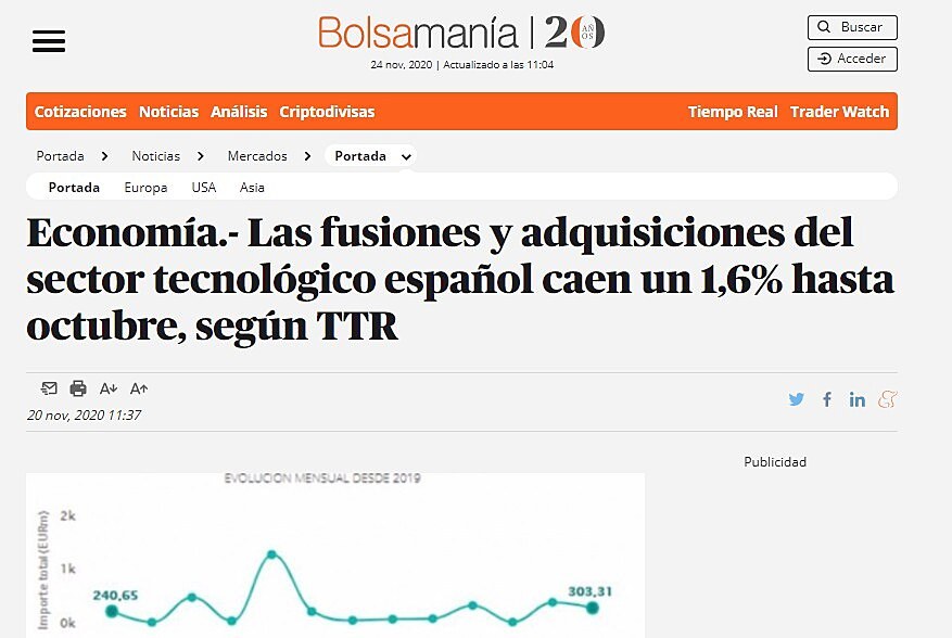 Las fusiones y adquisiciones del sector tecnolgico espaol caen un 1,6% hasta octubre, segn TTR